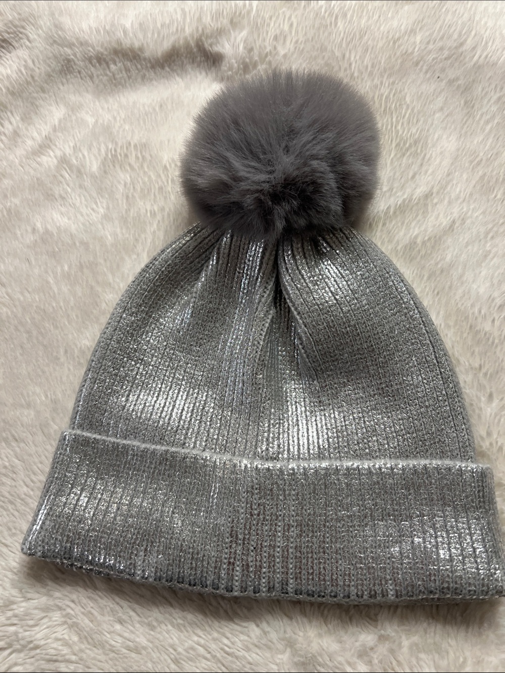 Like new SHIRALEAH Silver Metallic Faux Fur Pom Beanie Hat - One Size